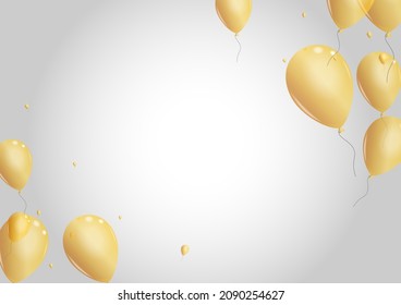 Golden Helium Background Gray Vector. Baloon Realistic Illustration. Yellow Entertainment Balloon. Air Abstract Design.