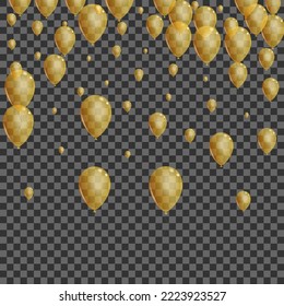Golden Helium Background Transparent Vector. Ballon Flying Border. Gold Realistic Surprise. Air Sphere Design.
