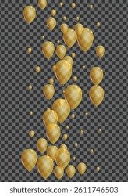 Golden Helium Background Transparent Vector. Toy Festival Design. Yellow Streamers Baloon. Confetti Congratulation Card.