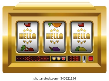 Golden hello - business term - slot machine with three reels lettering GOLDEN HELLO. Isolated vector illustration on white background.