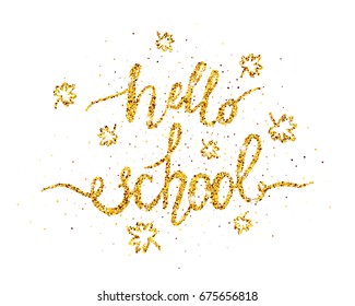 Golden hello school greeting card with scattered maple leaves on white background. Vector illustration. Isolated