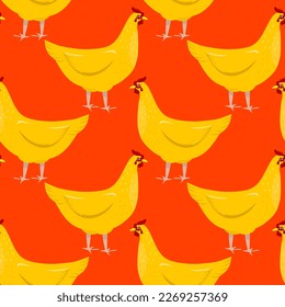 Golden hen. Vector illustration. Pattern with poultry on a bright background.
