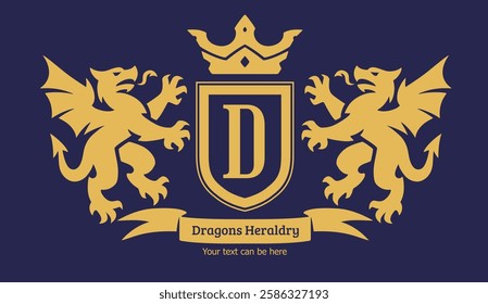 Golden heraldic coat of arms with two dragons, crown and ribbon on the blue background.