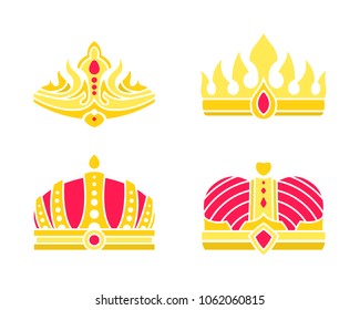 Golden heraldic crowns of standard and unusual design precious stones vector on white. Kings and queens colorful crowns set inlaid with gems vector