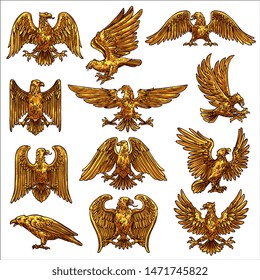 Golden heraldic eagle icons with vector birds of prey, falcon and hawks. Eagles flying and standing with raised and spread wings, gold feathers, claws and tails, royal coat of arms, falconry symbols