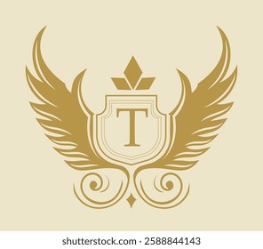 Golden heraldic emblem with a shield, the letter T, wings, and a crown-like design on a light background. Elegant and royal theme. Vector illustration