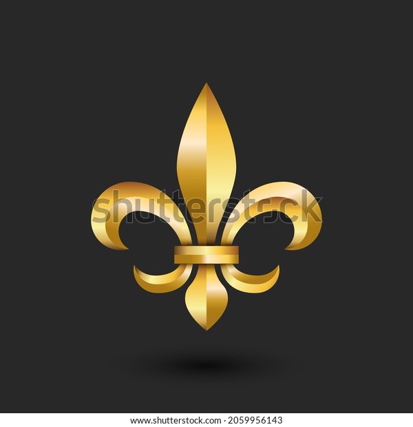 Golden heraldic lily 3d logo, gold gradient\
faceted emblem creative design, metallic fleur-de-lys French\
royalty symbol.