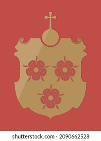 Golden heraldic shield with roses and Globus cruciger isolated on red background