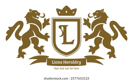 Golden heraldic shield with two lions and crown.