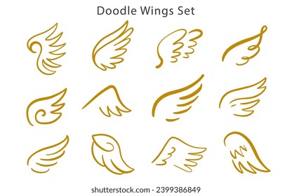 Golden heraldic wings shapes Set. Hand drawn doodle sketch icon vintage logo collection. Vector Illustration. Retro style modern artistic design elements.