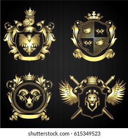 Golden heraldry shield banner set