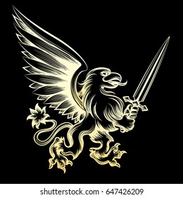 Golden heraldy gryphon with sword on black background. Vector illustration