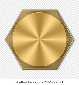 Golden hexagon bolt head. Realistic metal screw. Top view head of bolt. Vector illustration