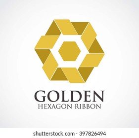 Golden hexagon of elegant ribbon abstract vector and logo design or template luxury business icon of company identity symbol concept