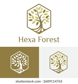 Golden Hexagon Forest Tree Ecology Nature Leaves Logo Template
