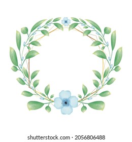 Golden hexagon frame with blue watercolor flower floral wreath