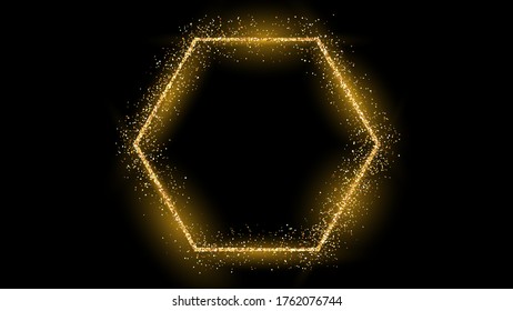 Golden hexagon frame with glitter, sparkles and flares on dark background. Empty luxury backdrop. Vector illustration.