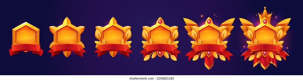 Golden hexagon frames of game avatars. Fantasy ranking badges with golden borders, laurel and ribbon decoration, gems, crown and red pennant, vector cartoon set isolated on background