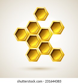 Golden hexagon geometric object, vector metal abstract form