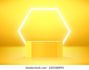 Golden hexagon showcase with neon light. 3d vector illustration with copy space