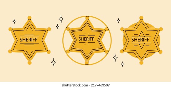 Golden hexagon star icons, sheriff badge symbols.Cartoon hand drawn badges, vector illustration isolated on white background. Wild west.