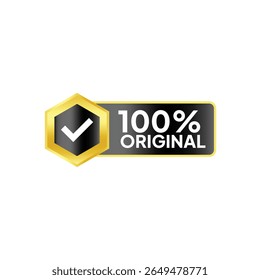 Um hexágono dourado com uma marca de seleção branca fica ao lado de um retângulo preto exibindo "100% ORIGINAL" em branco, transmitindo autenticidade com uma estética limpa e moderna.