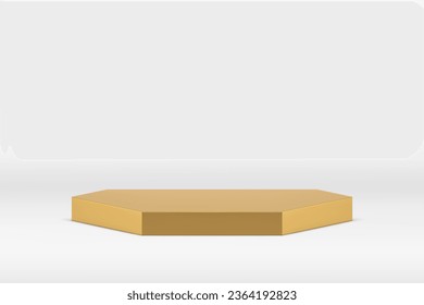 Golden hexagonal 3d podium pedestal for premium product presentation show realistic vector illustration. Metallic hexagon geometric empty showcase luxury elegant display for promo advertising