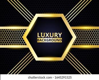 Golden hexagonal background design. Modern futuristic luxury backdrop. Modern luxurious carbon fiber background with golden glowing shapes, various elements, stripes and highlights on a carbon grid.