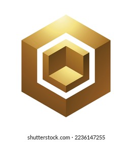 Golden Hexagonal Cube on a White Background