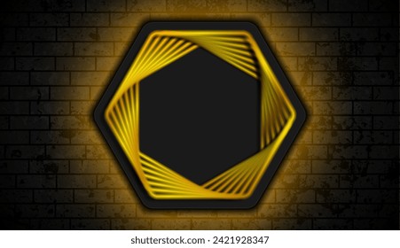 Golden hexagons on black brick wall with luminous neon lights abstract retro background. Vector design