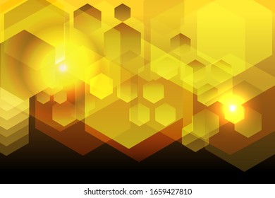 Golden hexagons rays and sparkles or glitter lights,Golden glowing honeycomb background,Abstract defocused golden bokeh for background