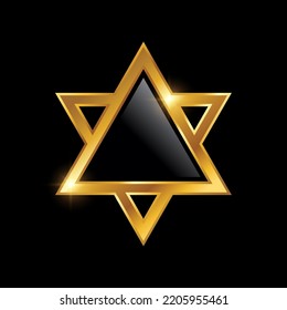 Golden Hexagram Triangle Star Logo Sign vector illustration, black background with gold shine effect