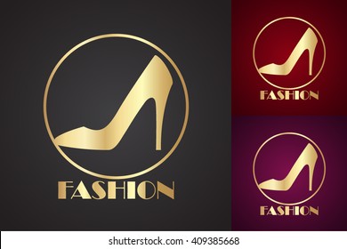 golden high heel shoe shape on color background / fashion theme logo / vector illustration