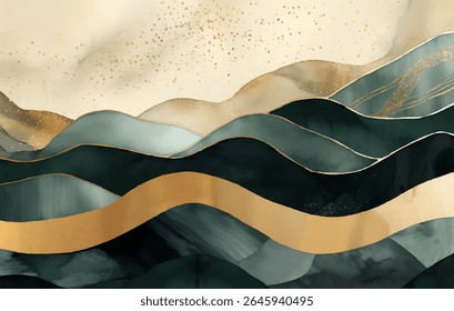 Golden Hills arte vetorial mostrando colinas abstratas com tons ricos de verde e ouro. As linhas que fluem criam uma atmosfera tranquila, evocando uma sensação de paz e naturezas beleza