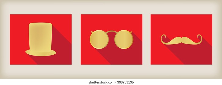 Golden hipster icons.Hipster hat, mustaches and sunglasses.Vector illustration.