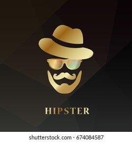 Golden hipster man. Hipster hat, mustaches and sunglasses. Design vector illustration. 