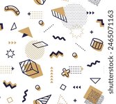 Golden hipster Memphis pattern, seamless tile with abstract geometric shapes. Vector vintage background with gold, black or white figures. Trendy repeated ornament, creative minimal wallpaper or print