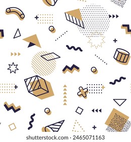 Golden hipster Memphis pattern, seamless tile with abstract geometric shapes. Vector vintage background with gold, black or white figures. Trendy repeated ornament, creative minimal wallpaper or print