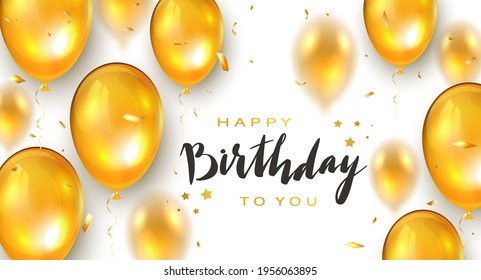 Golden holiday balloons and confetti on white background with lettering Happy Birthday. Illustration can be used for holiday design, poster, card, website, banners, greeting cards.