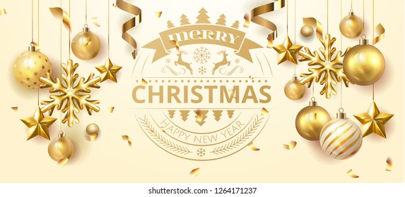Golden Holiday Christmas ball light poster. Festive xmas decoration gold glass christmas balls and glossy snowflake, stars, hanging on the ribbon. Vector illustration banner design template EPS 10