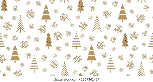 Golden holiday pattern, Christmas trees. Forest on a white background. Snow in the forest. Vector illustration.