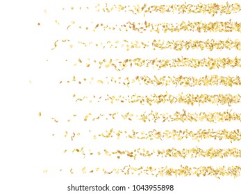 Golden holiday realistic confetti flying on white vector Background. Rich flying tinsel elements, sparkle stripes, gradient foil texture serpentine streamers and confetti falling border background.