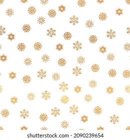 Vacaciones doradas sin fisuras con copos de nieve. Resumen vectorial xmas arte. Ilustración festiva para el diseño de tela, papel tapiz, papel decorativo, diseño web, fondo, postales. ¡Feliz Navidad!