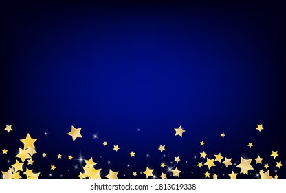 Golden Holiday Stars Vector Blue Background. Falling Starry Banner. Confetti Template. Yellow Abstract Sky Illustration.