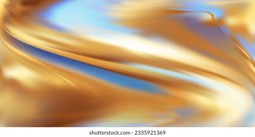 Golden hologram background with blue tints. Wavy pattern in motion. Gold leaf. Luxury holographic foil background for design. Vector illustration using gradient mesh.