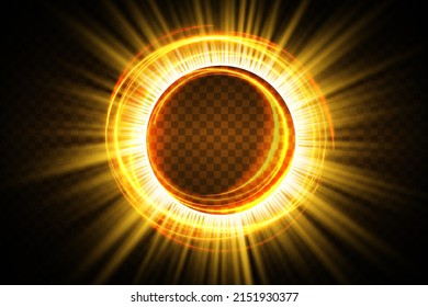 Golden hologram portal. Magical and fantastic portal. Magic circular podium for teleportation with a hologram effect on a transparent background. Vector golden glow rays with sparks.
