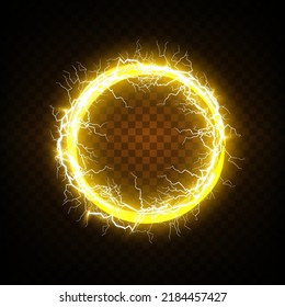 Golden hologram portal. Magical and fantastic portal. Magic circular podium for teleportation with a hologram effect on a transparent background. Vector golden glow rays with sparks.
