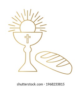 golden holy communion chalice and bread icon- vector illustration