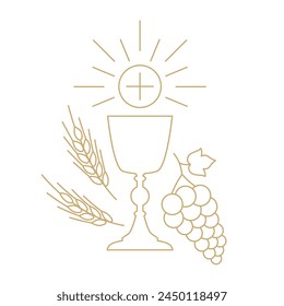 golden holy communion chalice with waffer, grapes and wheat ears; design element for first holy communion invitations and greeting cards - vector illustration