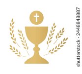 golden holy communion chalice and wheat ears; design element for first holy communion invitations and greeting cards - vector illustration